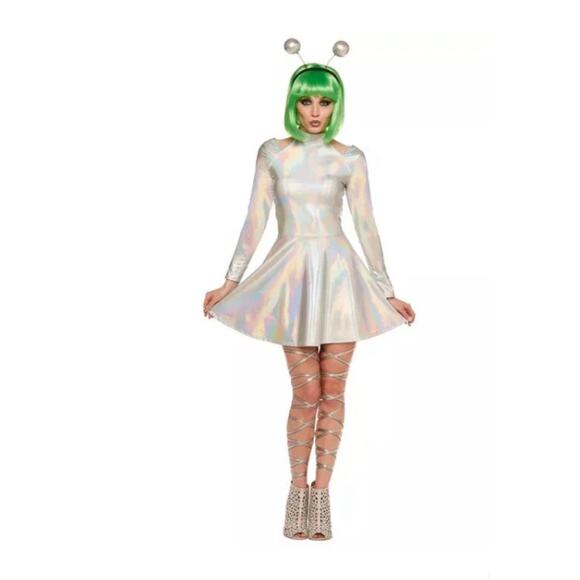 Spirit Alien Silver Dress - Leg Wrap - Head Band - Halloween Costume Sz S 4-6 - Picture 1 of 3